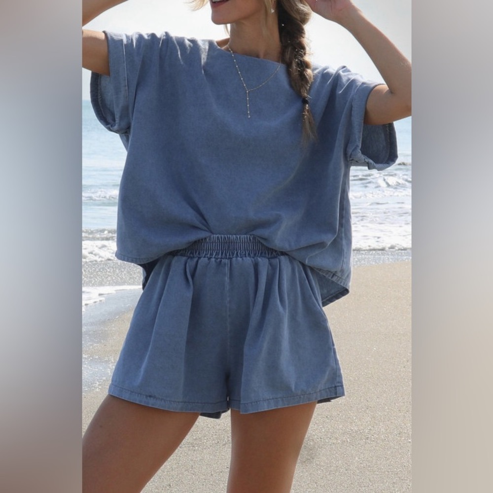 2Pc Denim Set Light Blue Cuffed Sleeve Tee Elastic Shorts Outfit NWT